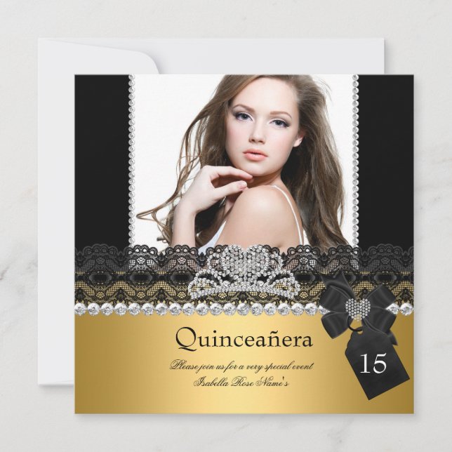 Invitation Quinceanera 15e Gold Silver Photo Black Lace (Devant)