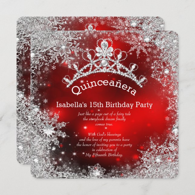 Invitation Quinceanera 15e hiver Wonderland Argent Rouge (Devant / Derrière)