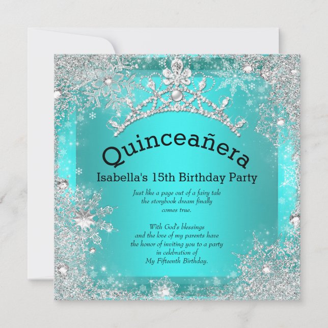 Invitation Quinceanera 15e hiver Wonderland Argent Turquoise  (Devant)