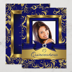 Invitation Quinceanera 15e Marine Blue Gold Floral Photo