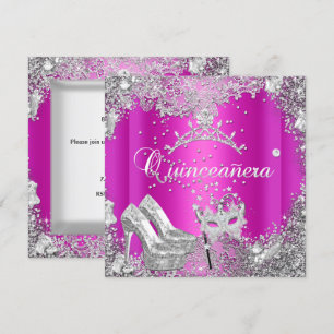 Invitation Quinceanera 15e Masque d'argent rose chaud Tiara