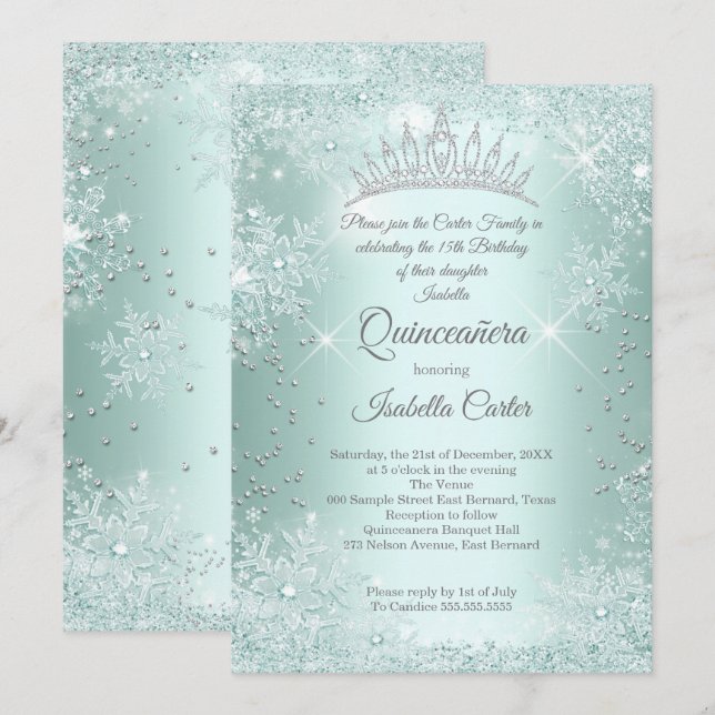 Invitation Quinceanera 15e Monnaie Turquoise Flocon de neige  (Devant / Derrière)