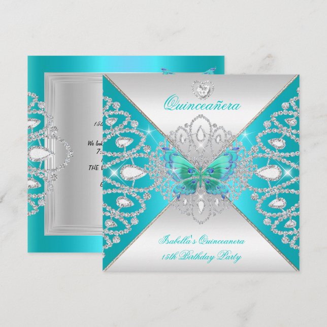 Invitation Quinceanera 15e papillon argenté Turquoise Tiara 2 (Devant / Derrière)