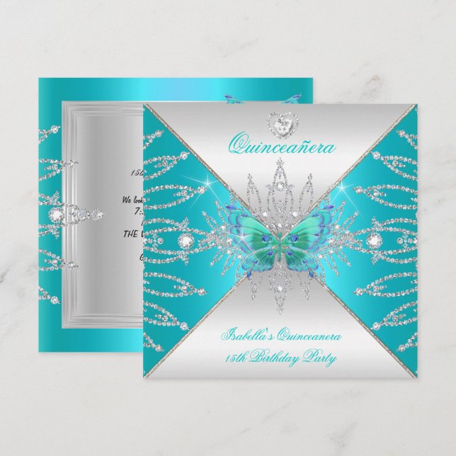 Invitation Quinceanera 15e papillon argenté Turquoise Tiara 3 (Devant / Derrière)