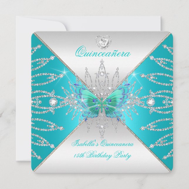 Invitation Quinceanera 15e papillon argenté Turquoise Tiara 3 (Devant)