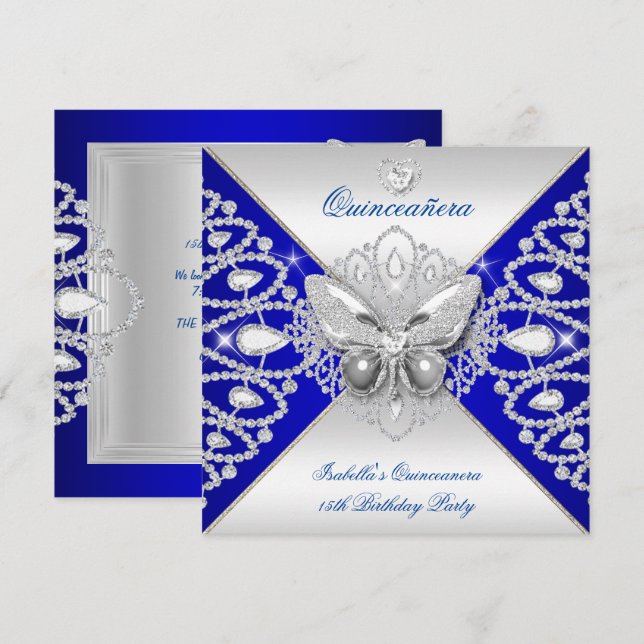 Invitation Quinceanera 15e Papillon bleu en argent Tiara (Devant / Derrière)