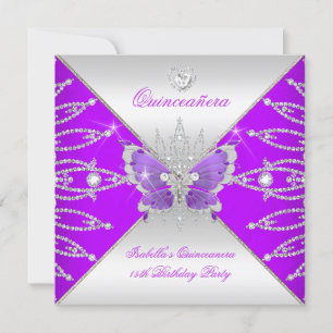Invitation Quinceanera 15e papillon pourpre en argent Tiara