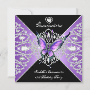 Invitation Quinceanera 15e papillon pourpre Tiara noire