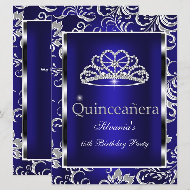 Invitation Quinceanera 15e Parti bleu foncé Damas argent (Devant / Derrière)
