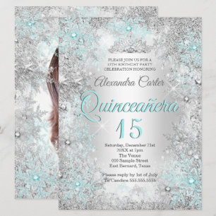 Invitation Quinceanera 15e Photo Argent Bleu sarcelle Flocon