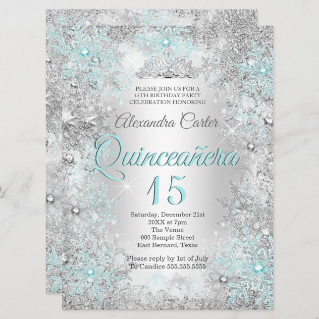 Invitation Quinceanera 15e Photo Silver bleu Turquoise Flocon (Devant / Derrière)