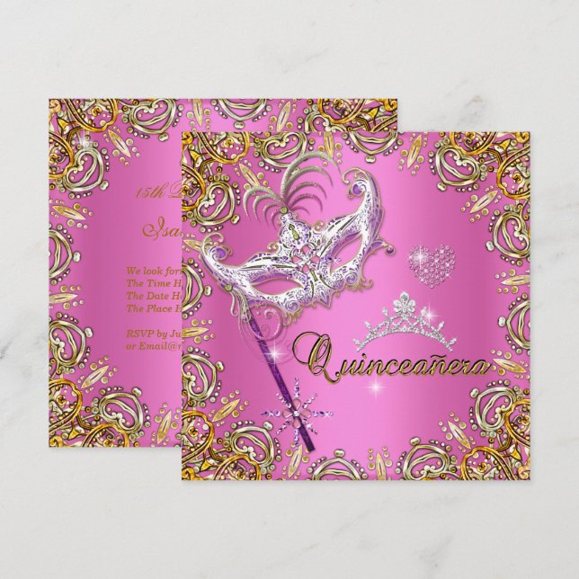 Invitation Quinceanera 15e Pink Masquerade Party Gold (Devant / Derrière)