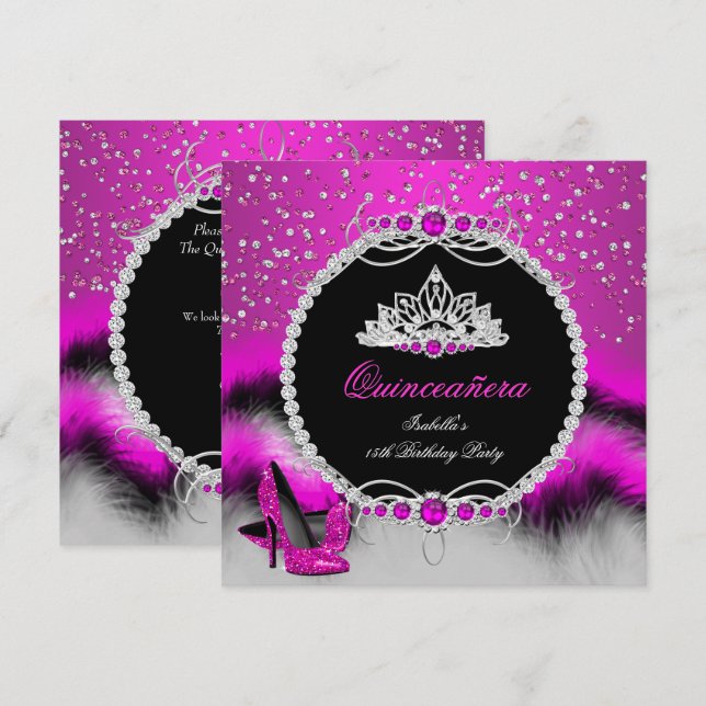 Invitation Quinceanera 15e Plumes Chaud rose Glamour talons (Devant / Derrière)