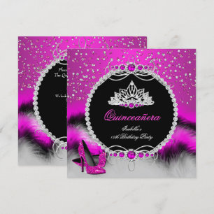 Invitation Quinceanera 15e Plumes Chaud rose Glamour talons