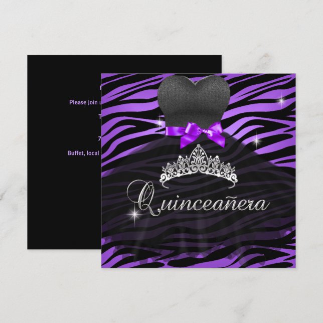 Invitation Quinceanera 15e Robe pourpre Tiara Zebra (Devant / Derrière)