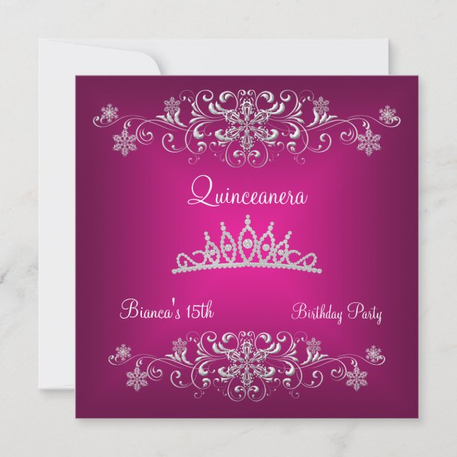 Invitation Quinceanera 15e Rose Silver Diamond Tiara (Devant)