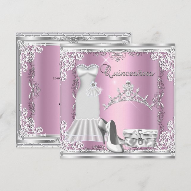 Invitation Quinceanera 15e Rose Silver Diamond Tiara (Devant / Derrière)