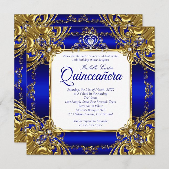 Invitation Quinceanera 15e Royal Blue Gold Pearl Tiara (Devant / Derrière)