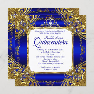 Invitation Quinceanera 15e Royal Blue Gold Pearl Tiara