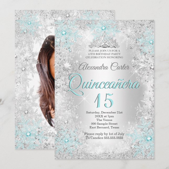 Invitation Quinceanera 15e Silver bleu Turquoise Flocon de ne (Devant / Derrière)