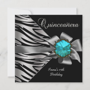 Invitation Quinceanera 15e Silver Zebra Turquoise Black Grey 