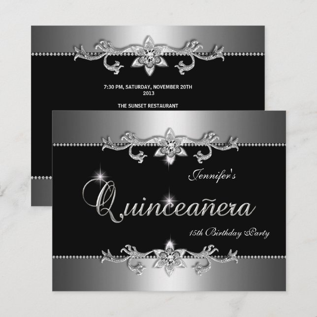 Invitation Quinceanera 15e Soirée de Bijoux en argent noir él (Devant / Derrière)