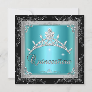 Invitation Quinceanera 15e Turquoise bleu argent Tiara noir