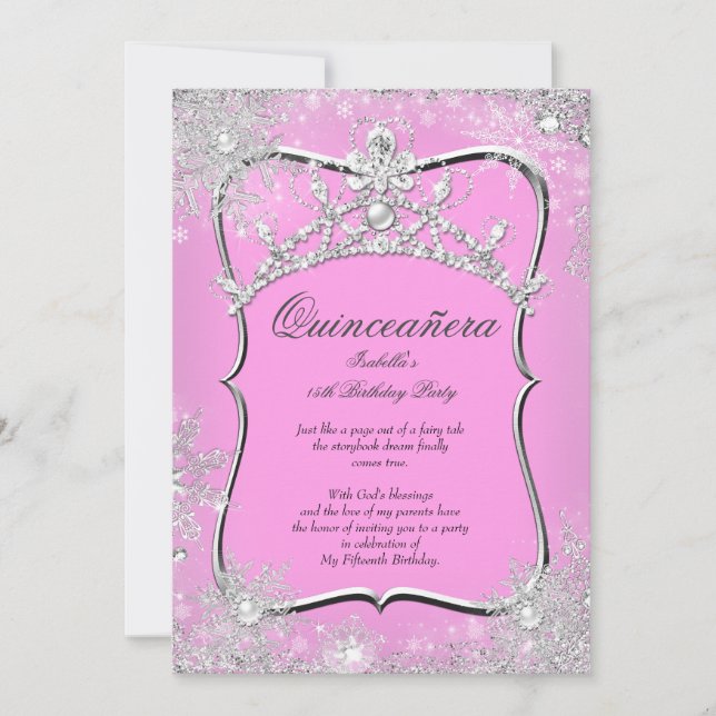 Invitation Quinceanera 15e Winter Wonderland Argent rose (Devant)