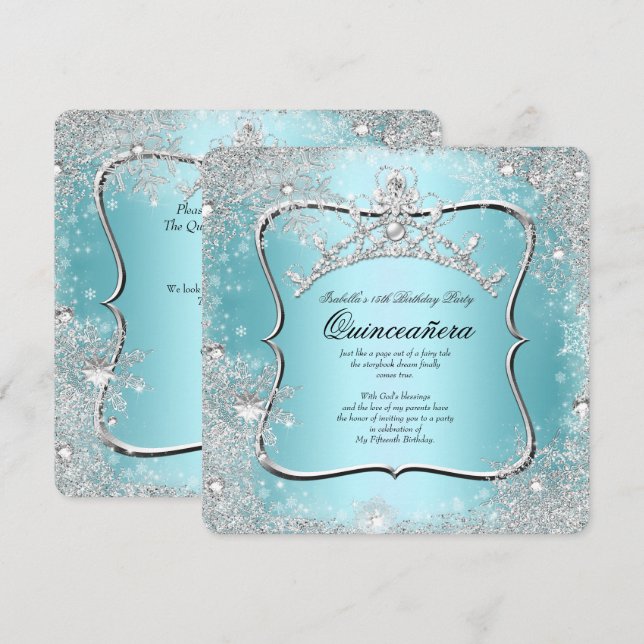 Invitation Quinceanera 15e Winter Wonderland Silver Blue (Devant / Derrière)
