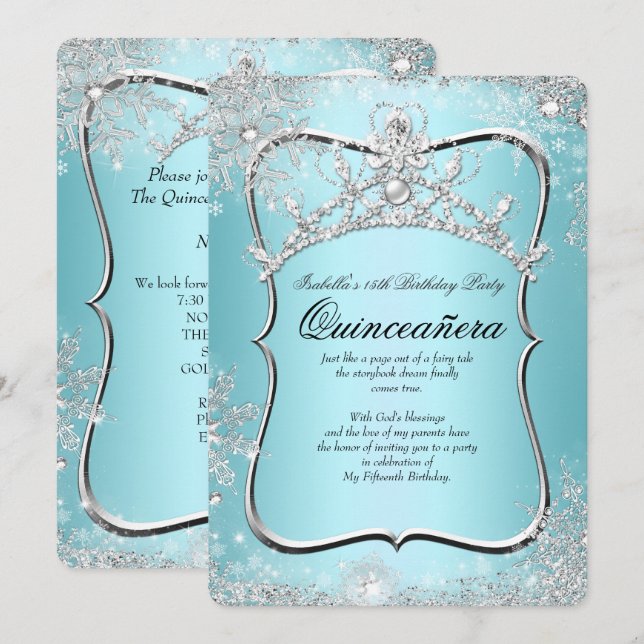 Invitation Quinceanera 15e Winter Wonderland Silver Blue (Devant / Derrière)