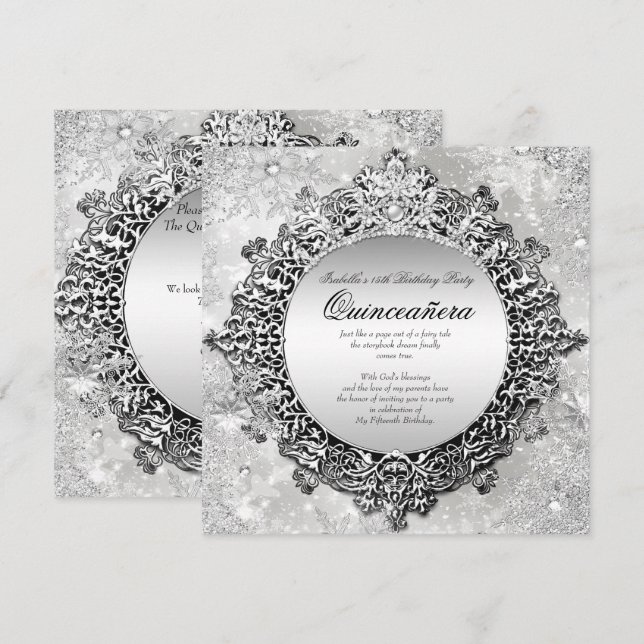 Invitation Quinceanera 15e Winter Wonderland Silver White (Devant / Derrière)