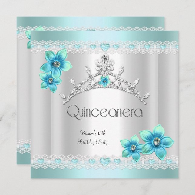 Invitation Quinceanera 15ème Blanc Turquoise Bleu Silver Tiar (Devant / Derrière)