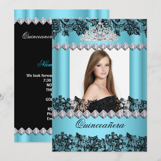 Invitation Quinceanera 15ème Blue Black White Lace Photo (Devant / Derrière)
