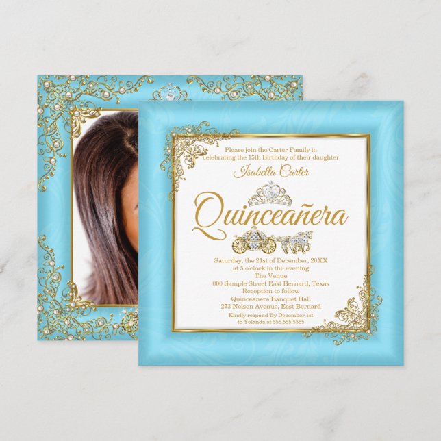 Invitation Quinceanera 15ème Cinderella Blue Pearl Tiara Phot (Devant / Derrière)