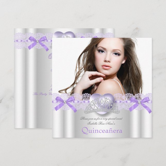 Invitation Quinceanera 15ème dentelle de coeur d'argent viole (Devant / Derrière)