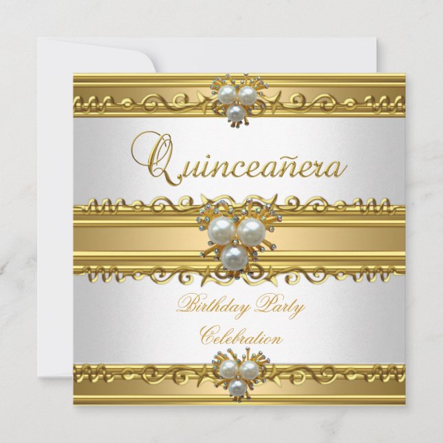 Invitation Quinceanera 15ème élégant bijou de perle d'or blan (Devant)
