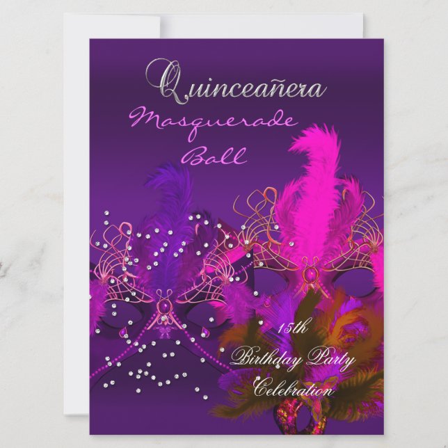 Invitation Quinceanera 15ème Masquerade Purple Roses Masques  (Devant)