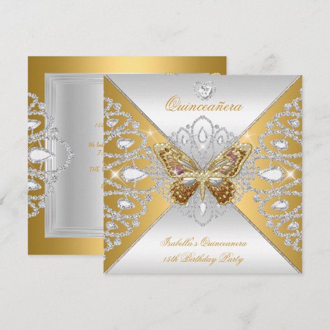 Invitation Quinceanera 15ème Parti Gold Butterfly Silver Tiar (Devant / Derrière)