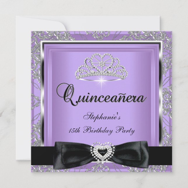 Invitation Quinceanera 15ème Parti Lilac Damask Argent Noir (Devant)