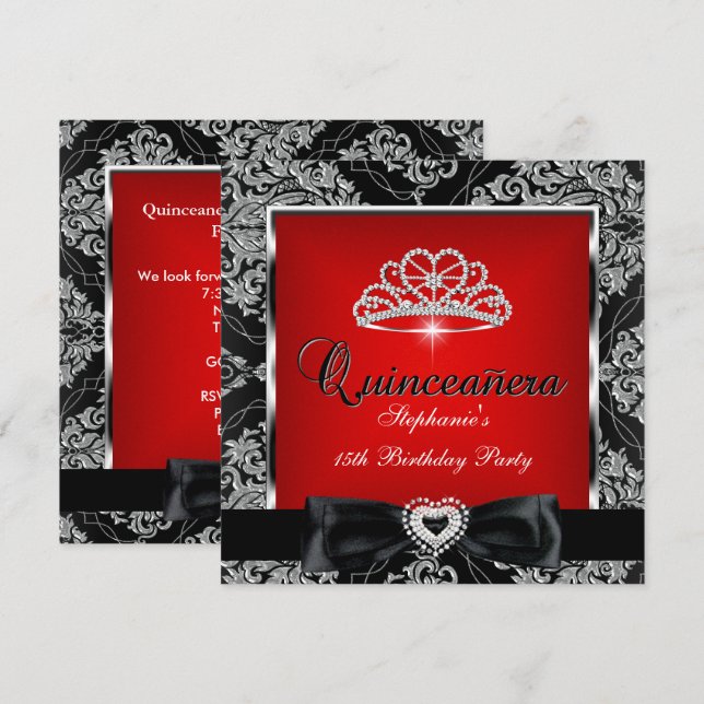 Invitation Quinceanera 15ème Parti Rouge Damas Argent Noir (Devant / Derrière)