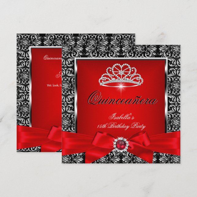 Invitation Quinceanera 15ème Parti Rouge Damas Argent Noir 3 (Devant / Derrière)
