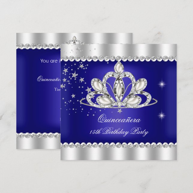 Invitation QUINCEANERA 15ème Parti Royal Blue Tiara Silver (Devant / Derrière)