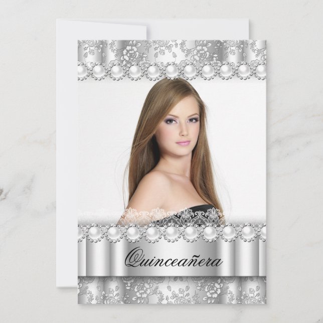 Invitation Quinceanera 15ème Parti Silver Damask Photo (Devant)