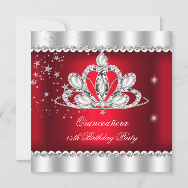 Invitation QUINCEANERA 15ème Parti Sombre Rouge Argent Tiara (Devant)