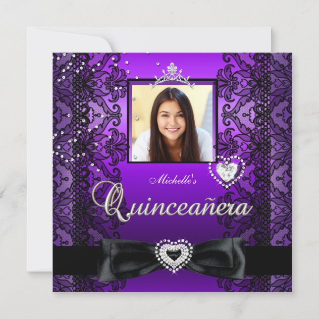 Invitation Quinceanera 15ème Parti Violet Black Lace Photo (Devant)