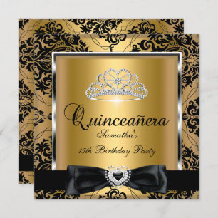 Invitation Quinceanera 15ème partie Gold Damask Argent Noir