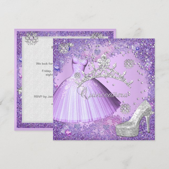 Invitation Quinceanera 15ème Partie Purple Tiara Robe Chaussu (Devant / Derrière)