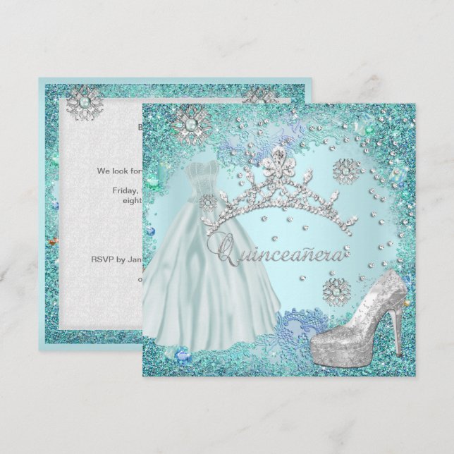 Invitation Quinceanera 15ème partie Soft Turquoise Tiara robe (Devant / Derrière)