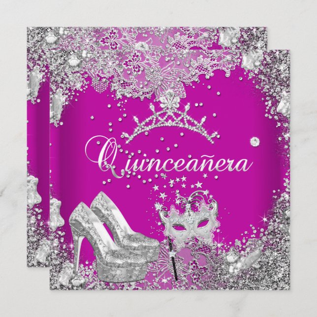 Invitation Quinceanera 15ème Pink Plum Silver Masque Tiara (Devant / Derrière)