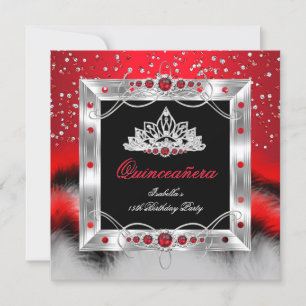 Invitation Quinceanera 15ème Plume Rouge Perle Glamour